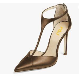 FSJ Brown Charm T Strap Sandals High Heels Pointed Toe Pumps Back Zipper Shoes